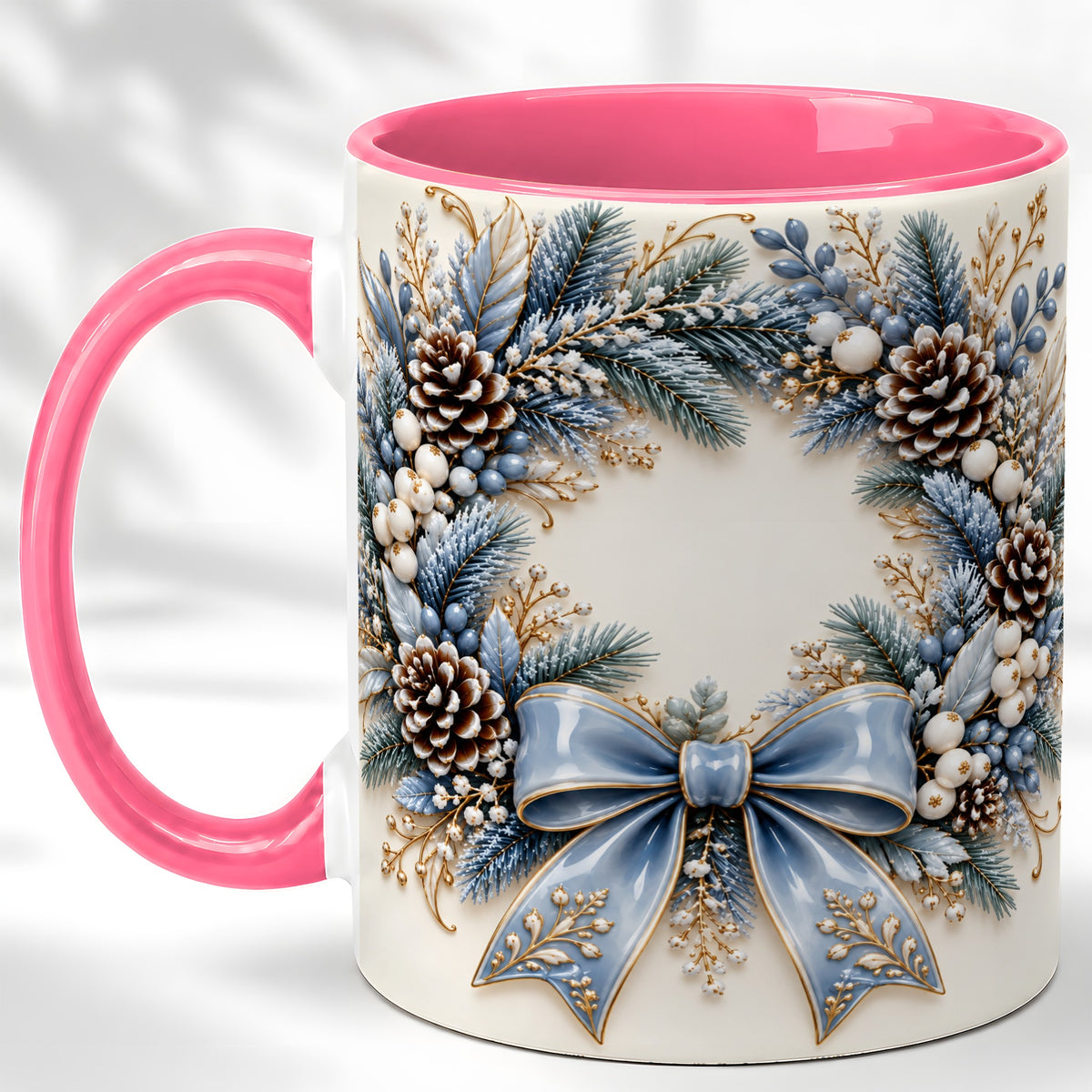 #pl[11oz|Pink] Blue Winter Wreath Coffee Mug, Frosted Pine Mug, Ceramic Cup