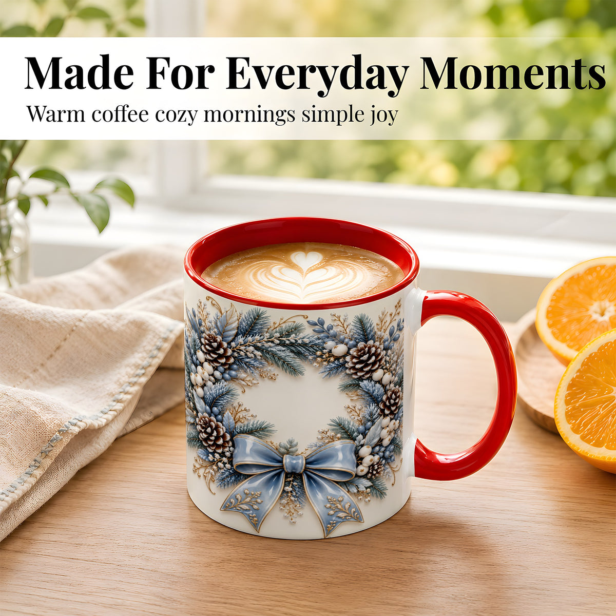 #pl[11oz|Red] Blue Winter Wreath Coffee Mug, Frosted Pine Mug, Ceramic Cup