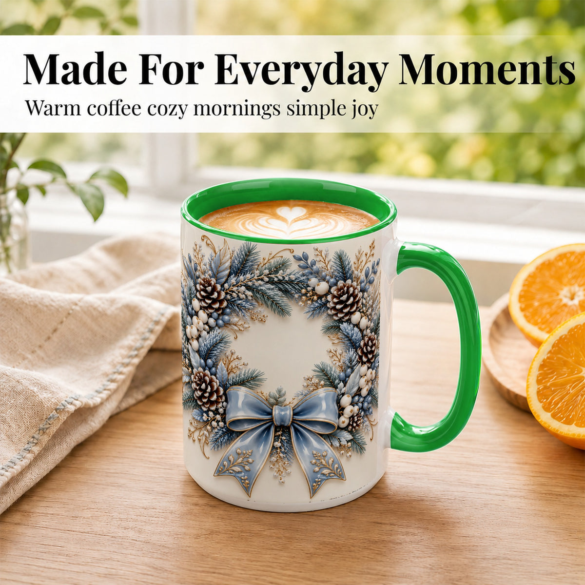 #pl[15oz|Green] Blue Winter Wreath Coffee Mug, Frosted Pine Mug, Ceramic Cup