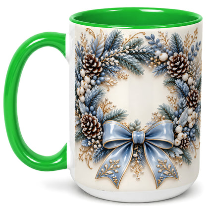 #pl[15oz|Green] Blue Winter Wreath Coffee Mug, Frosted Pine Mug, Ceramic Cup
