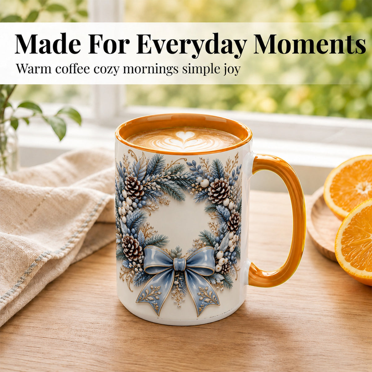 #pl[15oz|Orange] Blue Winter Wreath Coffee Mug, Frosted Pine Mug, Ceramic Cup