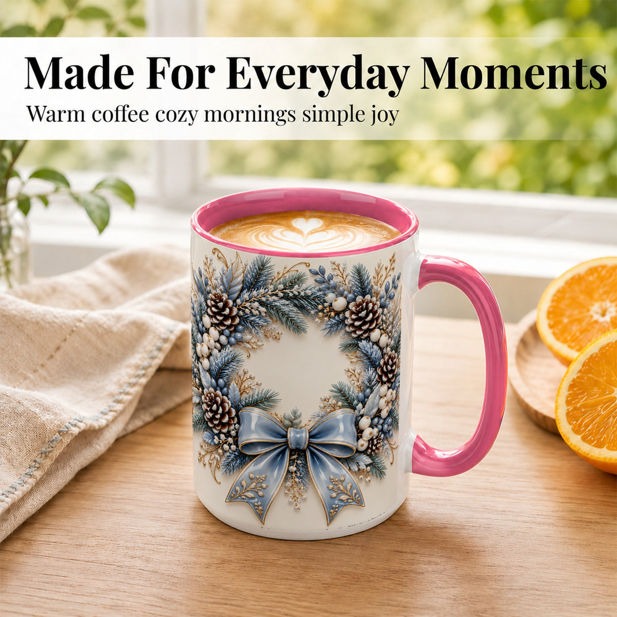 #pl[15oz|Pink] Blue Winter Wreath Coffee Mug, Frosted Pine Mug, Ceramic Cup