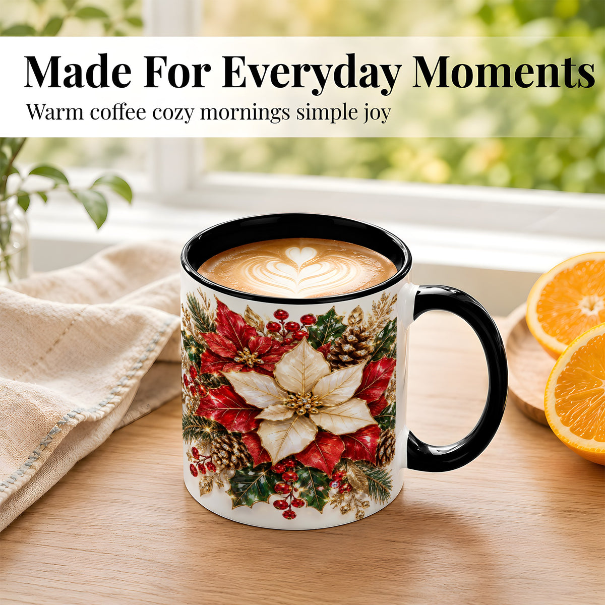 #pl[11oz|Black] Christmas Poinsettia Coffee Mug, Red White Floral Mug, Ceramic Cup