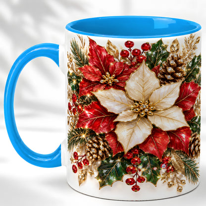 #pl[11oz|Blue] Christmas Poinsettia Coffee Mug, Red White Floral Mug, Ceramic Cup
