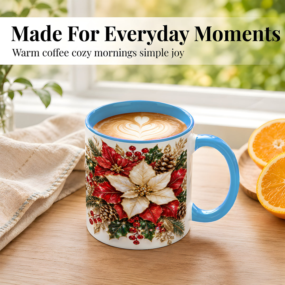 #pl[11oz|Blue] Christmas Poinsettia Coffee Mug, Red White Floral Mug, Ceramic Cup