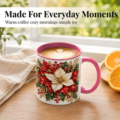 #pl[11oz|Pink] Christmas Poinsettia Coffee Mug, Red White Floral Mug, Ceramic Cup