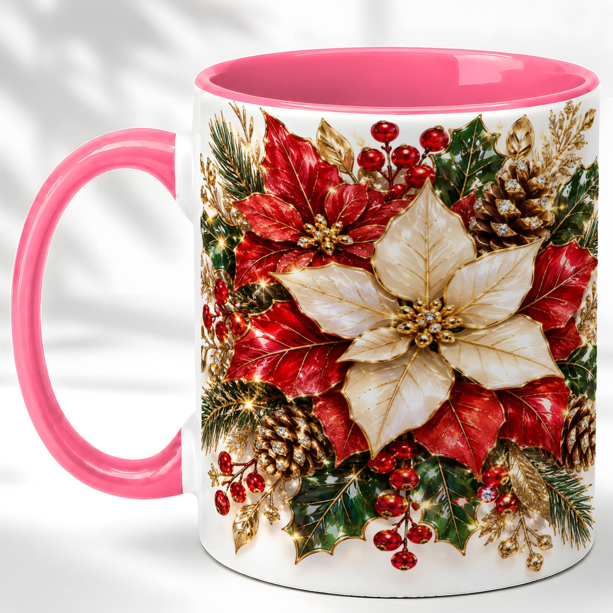 #pl[11oz|Pink] Christmas Poinsettia Coffee Mug, Red White Floral Mug, Ceramic Cup