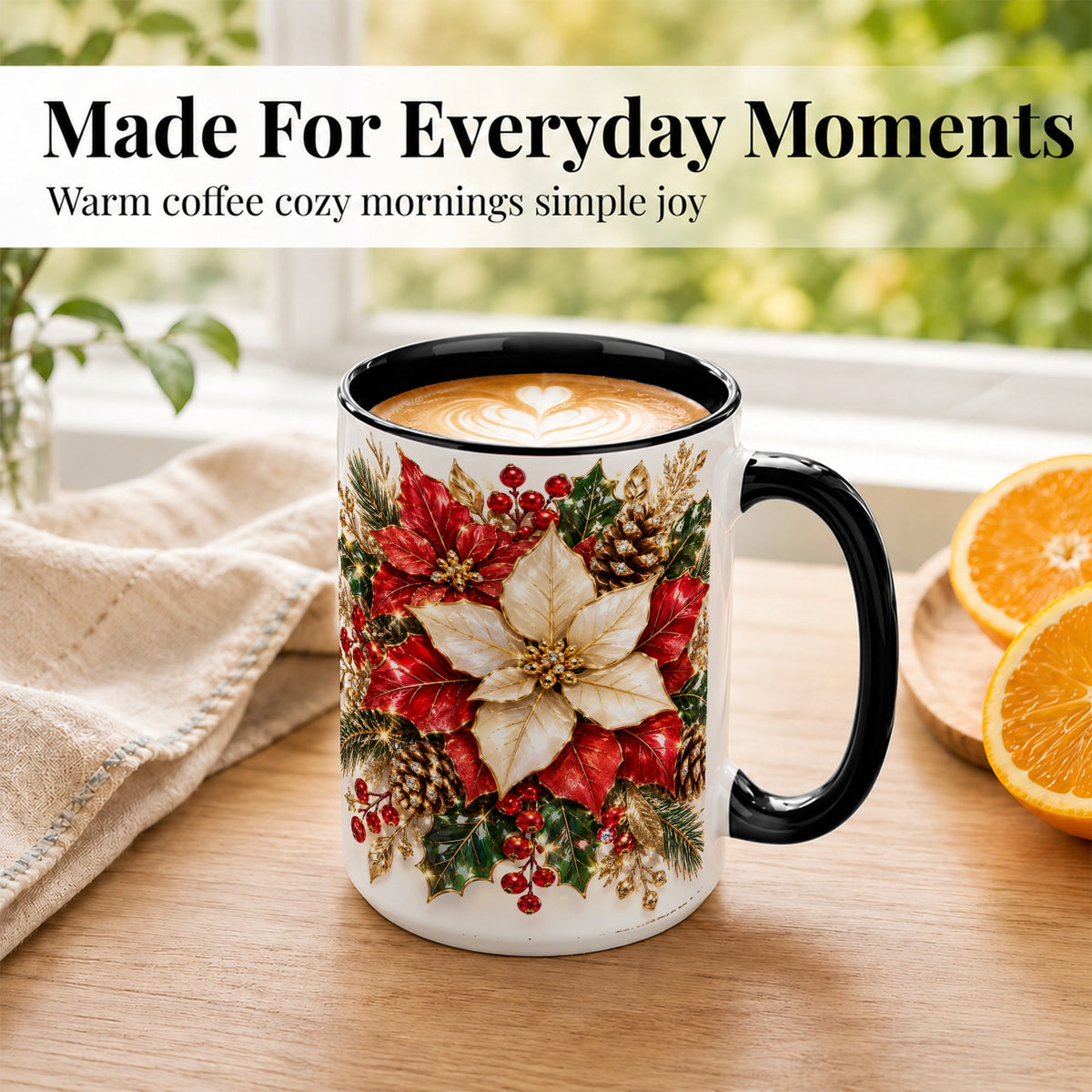 #pl[15oz|Black] Christmas Poinsettia Coffee Mug, Red White Floral Mug, Ceramic Cup