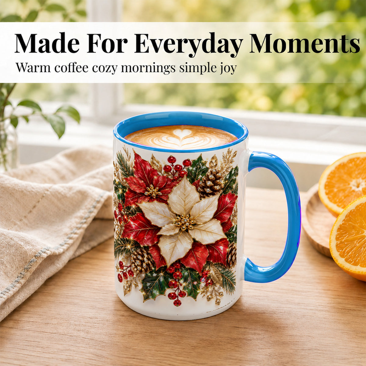 #pl[15oz|Blue] Christmas Poinsettia Coffee Mug, Red White Floral Mug, Ceramic Cup