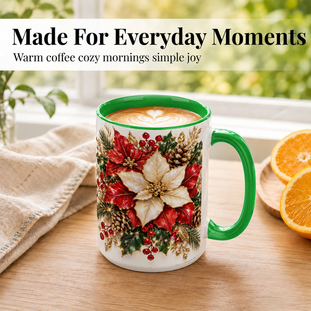 #pl[15oz|Green] Christmas Poinsettia Coffee Mug, Red White Floral Mug, Ceramic Cup