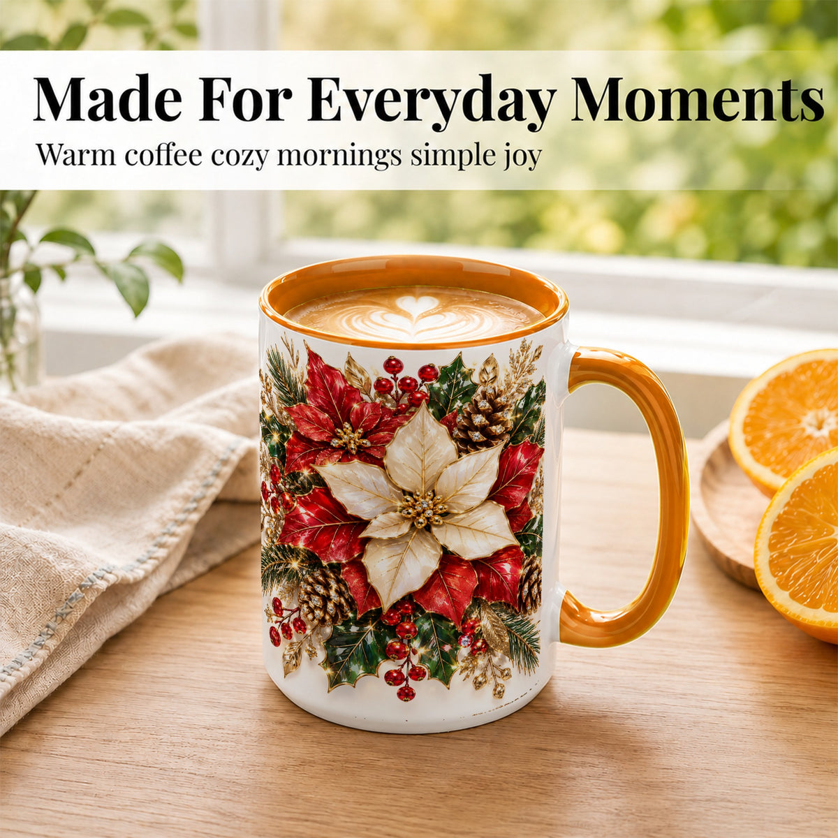 #pl[15oz|Orange] Christmas Poinsettia Coffee Mug, Red White Floral Mug, Ceramic Cup