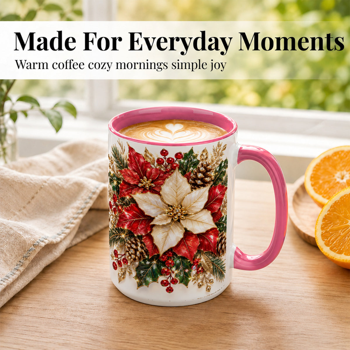#pl[15oz|Pink] Christmas Poinsettia Coffee Mug, Red White Floral Mug, Ceramic Cup