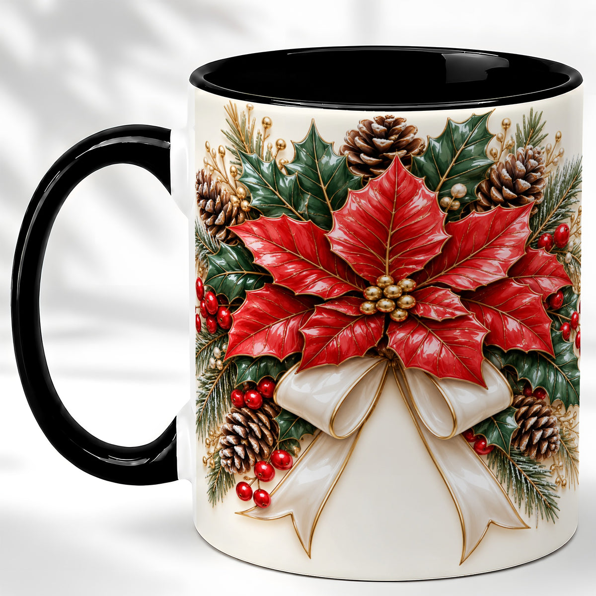 #pl[11oz|Black] Red Poinsettia Coffee Mug, Ivory Bow Christmas Mug, Ceramic Cup