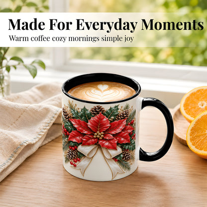 #pl[11oz|Black] Red Poinsettia Coffee Mug, Ivory Bow Christmas Mug, Ceramic Cup