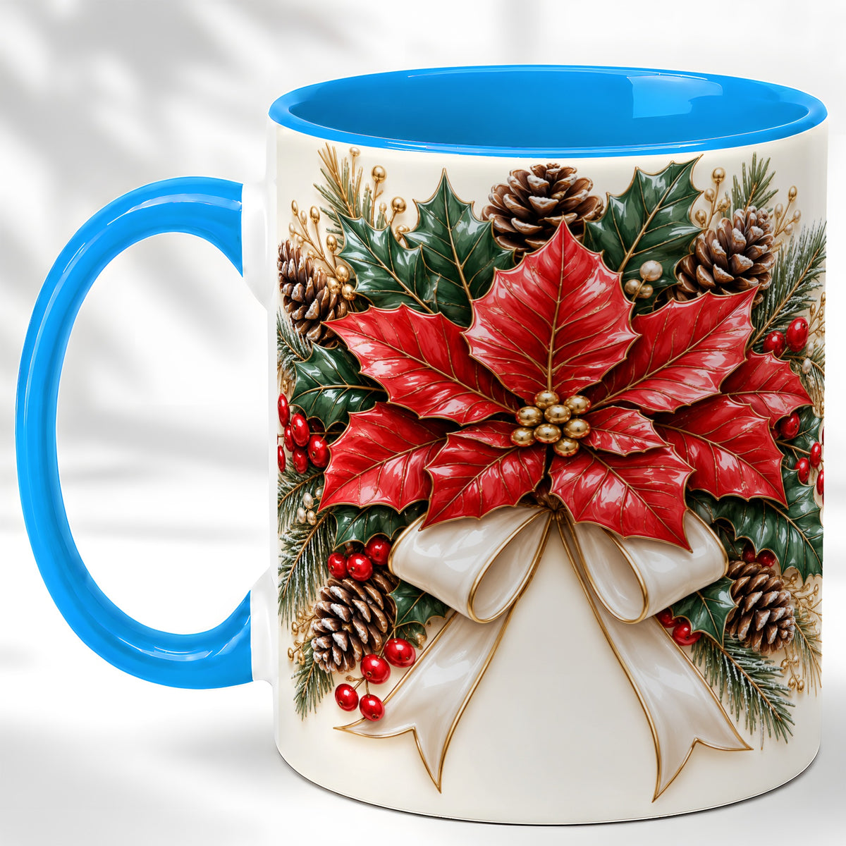#pl[11oz|Blue] Red Poinsettia Coffee Mug, Ivory Bow Christmas Mug, Ceramic Cup
