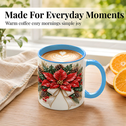 #pl[11oz|Blue] Red Poinsettia Coffee Mug, Ivory Bow Christmas Mug, Ceramic Cup