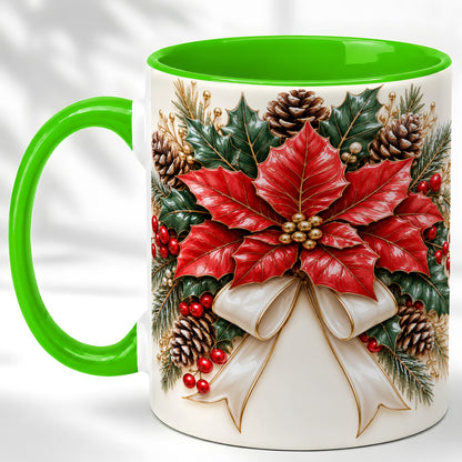 #pl[11oz|Green] Red Poinsettia Coffee Mug, Ivory Bow Christmas Mug, Ceramic Cup