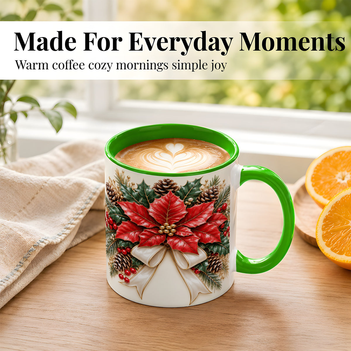 #pl[11oz|Green] Red Poinsettia Coffee Mug, Ivory Bow Christmas Mug, Ceramic Cup