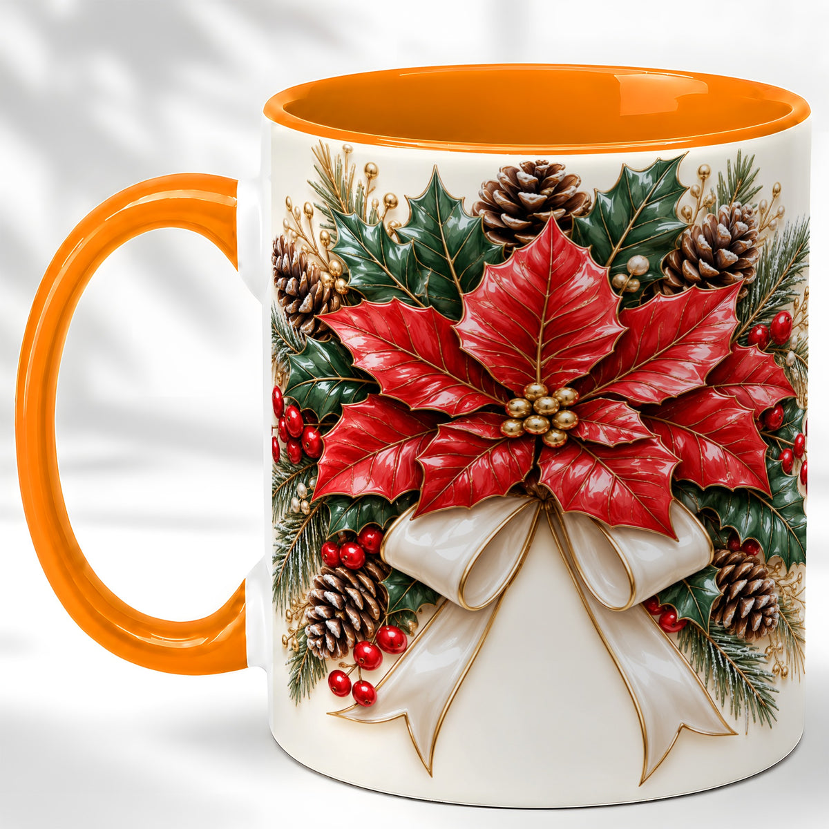 #pl[11oz|Orange] Red Poinsettia Coffee Mug, Ivory Bow Christmas Mug, Ceramic Cup