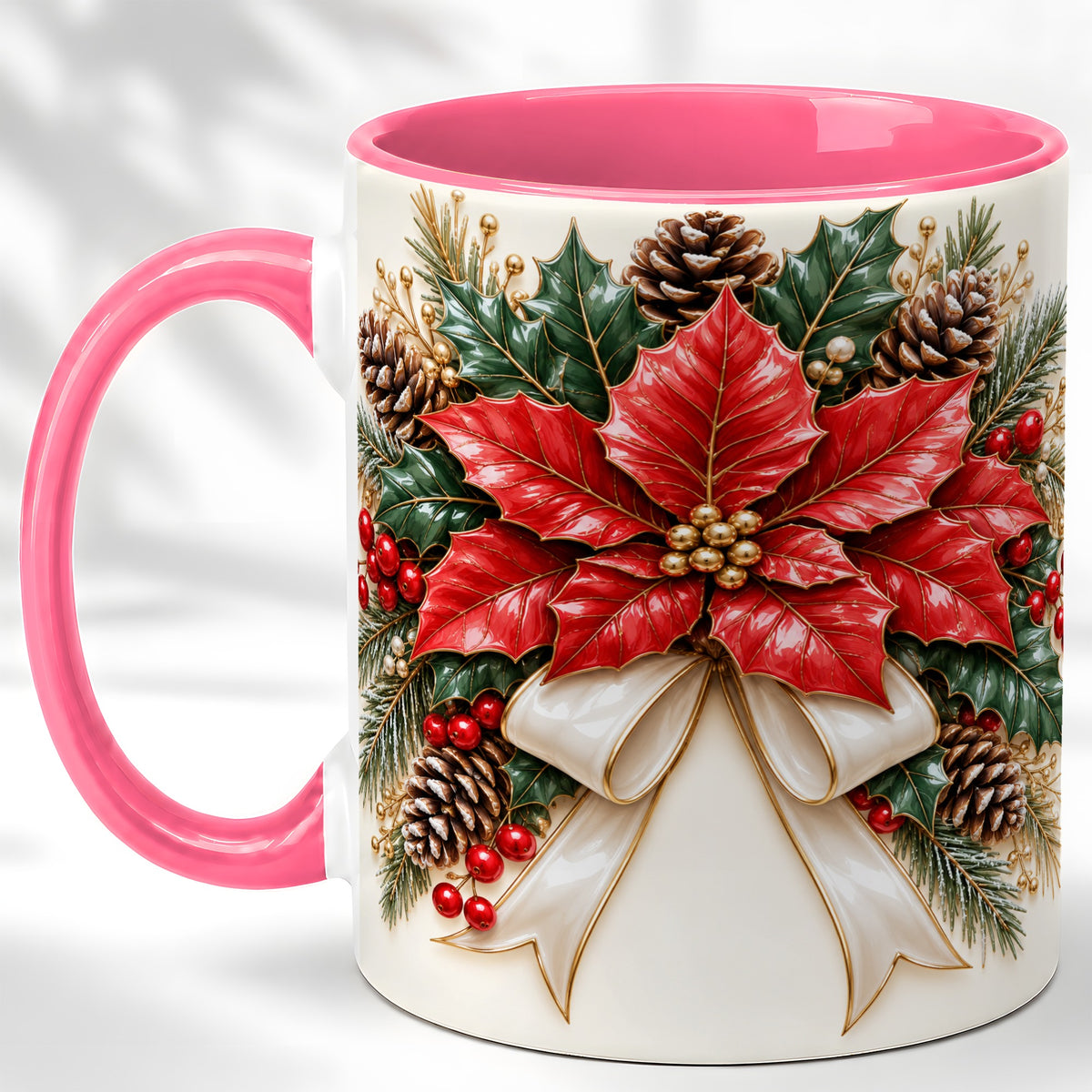 #pl[11oz|Pink] Red Poinsettia Coffee Mug, Ivory Bow Christmas Mug, Ceramic Cup