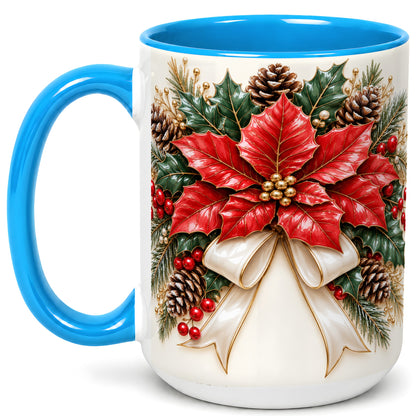 #pl[15oz|Blue] Red Poinsettia Coffee Mug, Ivory Bow Christmas Mug, Ceramic Cup