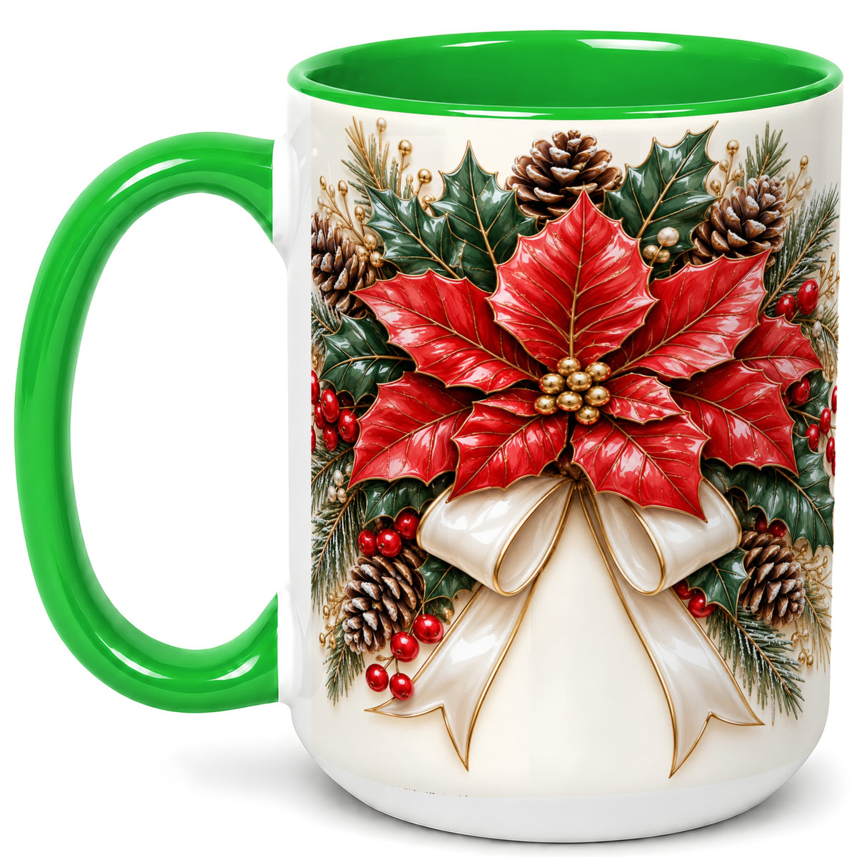 #pl[15oz|Green] Red Poinsettia Coffee Mug, Ivory Bow Christmas Mug, Ceramic Cup