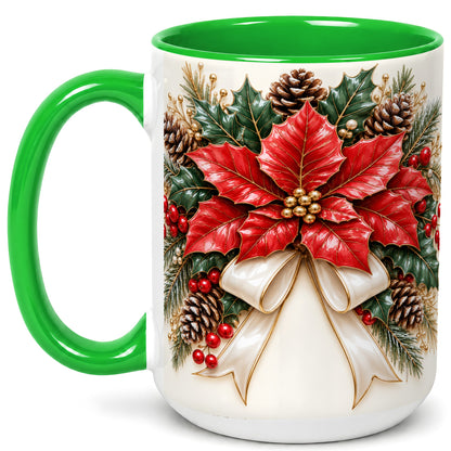#pl[15oz|Green] Red Poinsettia Coffee Mug, Ivory Bow Christmas Mug, Ceramic Cup