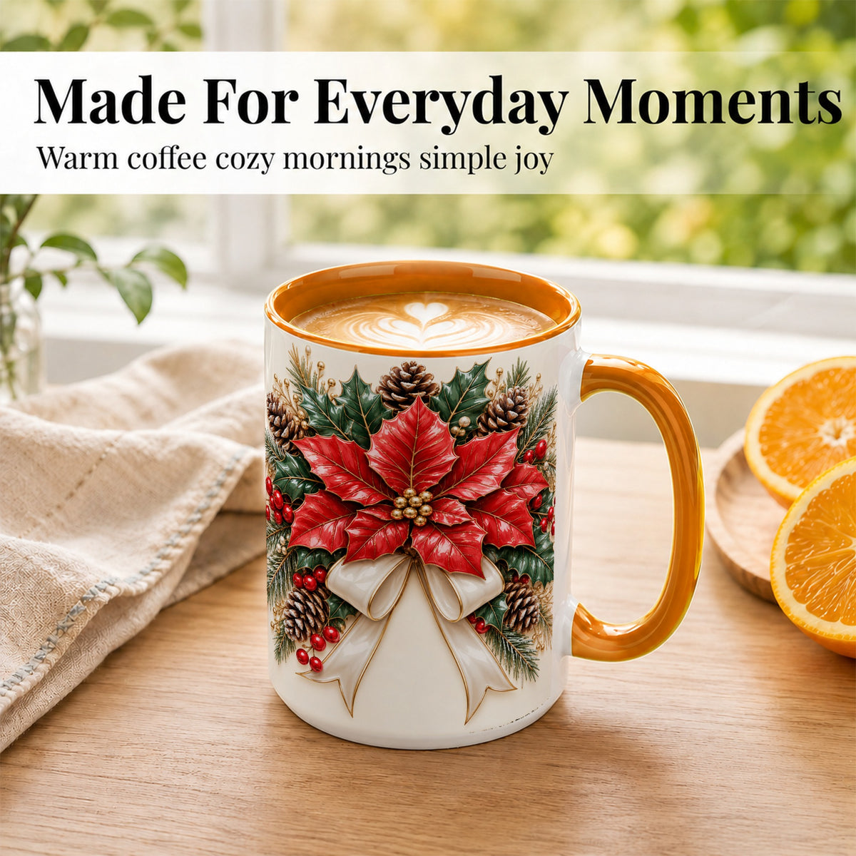 #pl[15oz|Orange] Red Poinsettia Coffee Mug, Ivory Bow Christmas Mug, Ceramic Cup