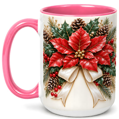 #pl[15oz|Pink] Red Poinsettia Coffee Mug, Ivory Bow Christmas Mug, Ceramic Cup