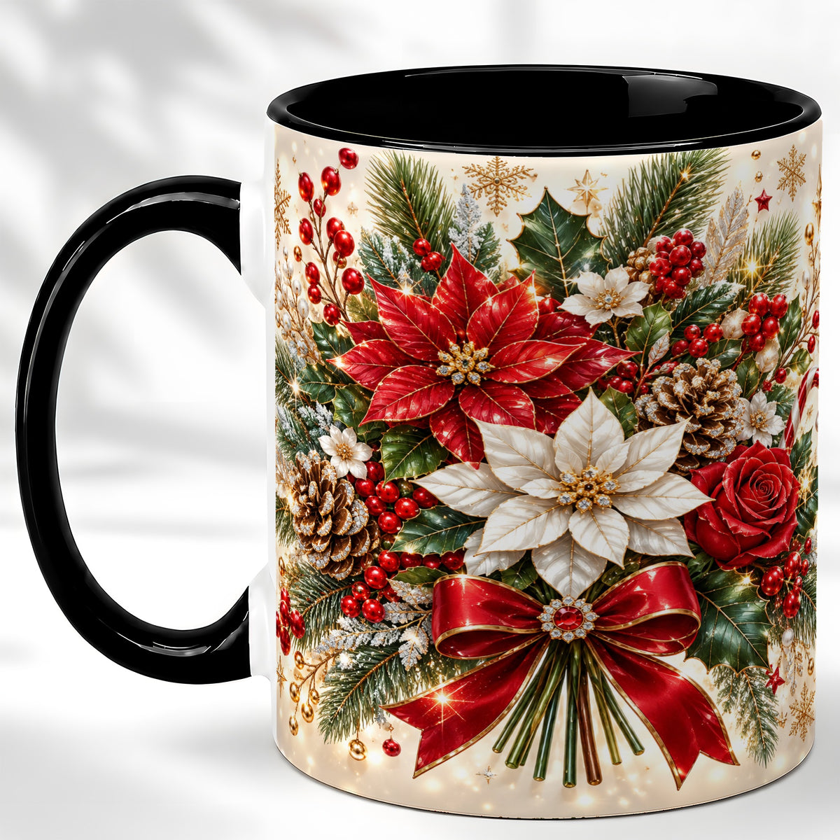#pl[11oz|Black] Christmas Floral Coffee Mug, Red Poinsettia Mug, Ceramic Cup