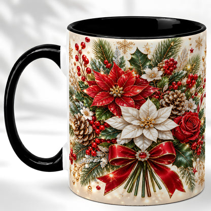 #pl[11oz|Black] Christmas Floral Coffee Mug, Red Poinsettia Mug, Ceramic Cup