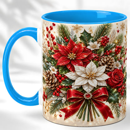#pl[11oz|Blue] Christmas Floral Coffee Mug, Red Poinsettia Mug, Ceramic Cup