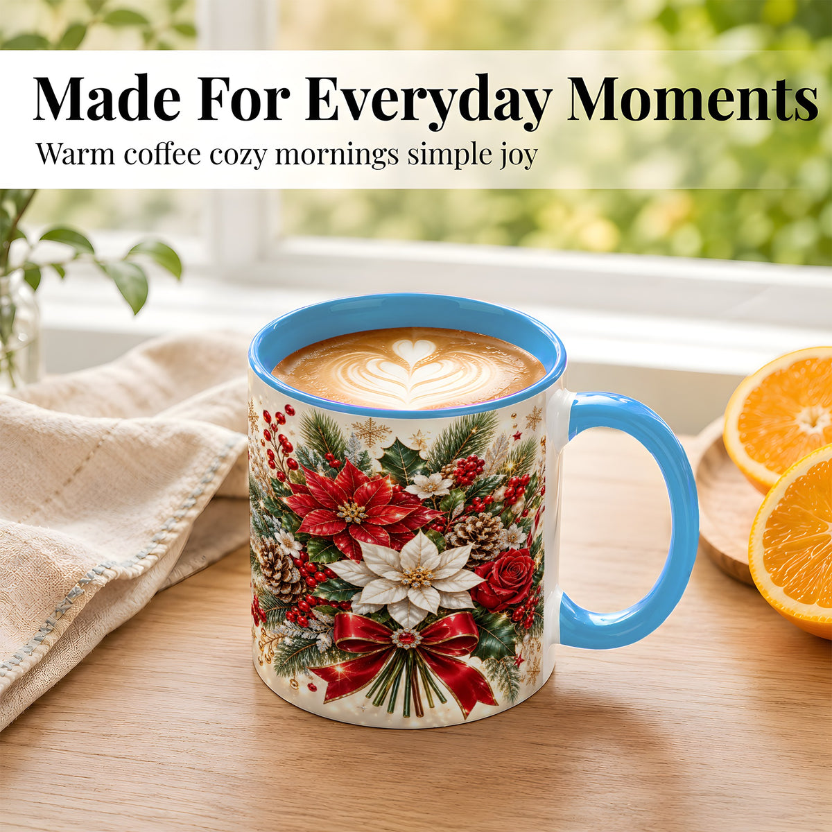 #pl[11oz|Blue] Christmas Floral Coffee Mug, Red Poinsettia Mug, Ceramic Cup
