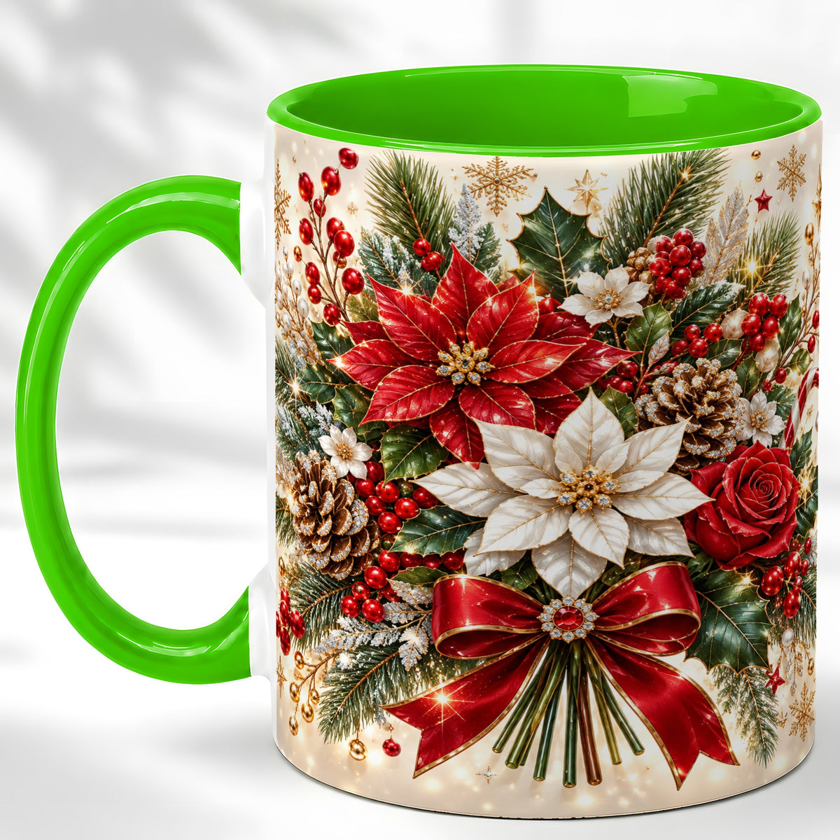 #pl[11oz|Green] Christmas Floral Coffee Mug, Red Poinsettia Mug, Ceramic Cup
