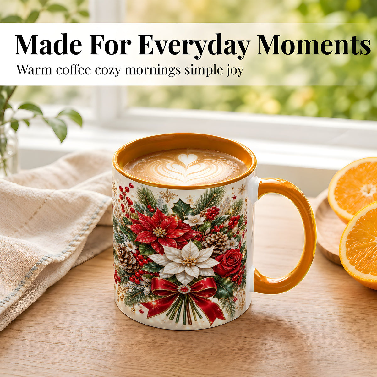 #pl[11oz|Orange] Christmas Floral Coffee Mug, Red Poinsettia Mug, Ceramic Cup