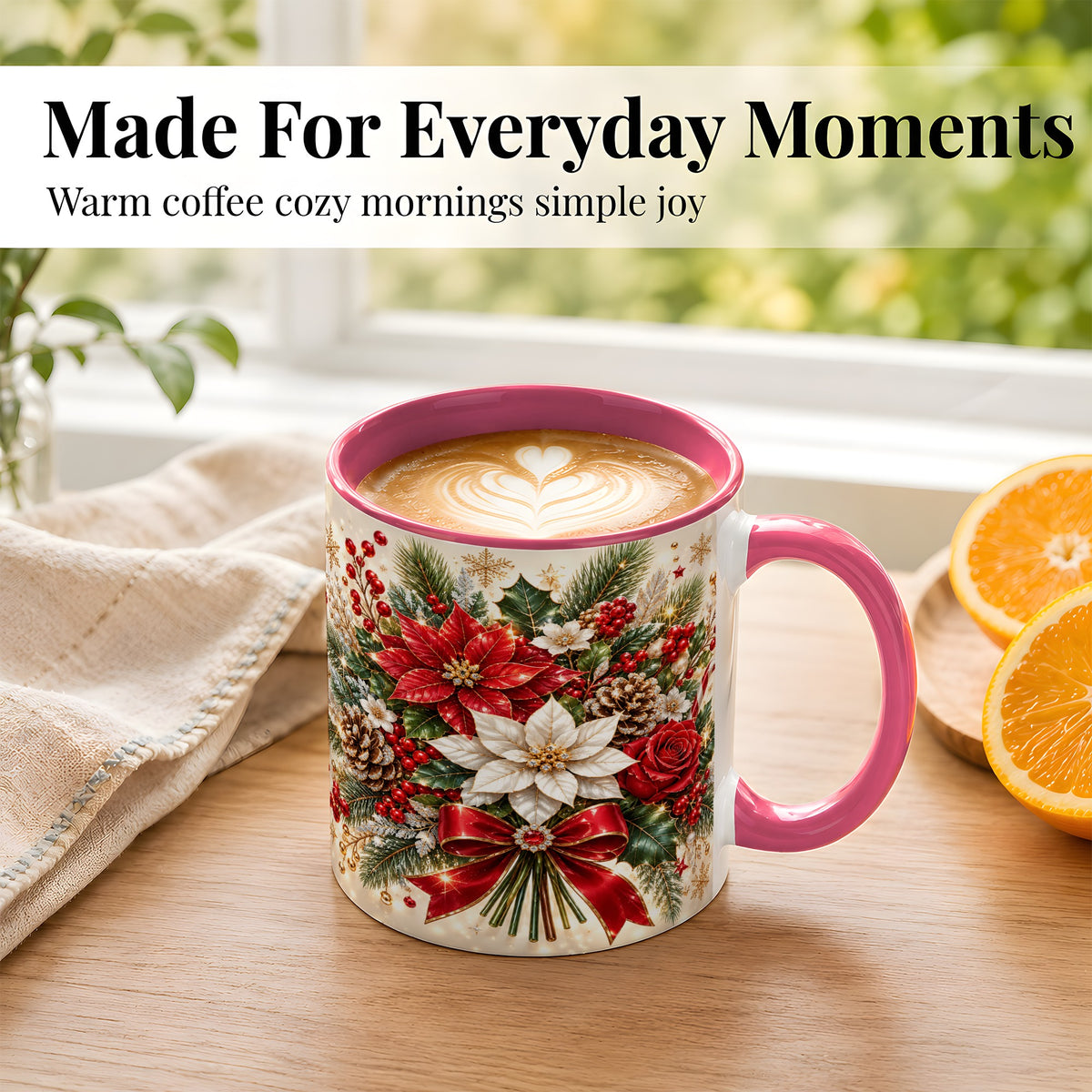 #pl[11oz|Pink] Christmas Floral Coffee Mug, Red Poinsettia Mug, Ceramic Cup