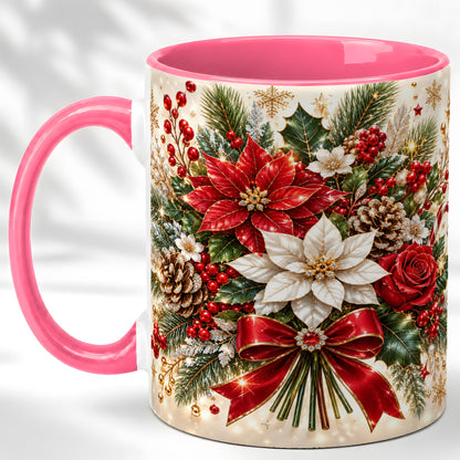 #pl[11oz|Pink] Christmas Floral Coffee Mug, Red Poinsettia Mug, Ceramic Cup
