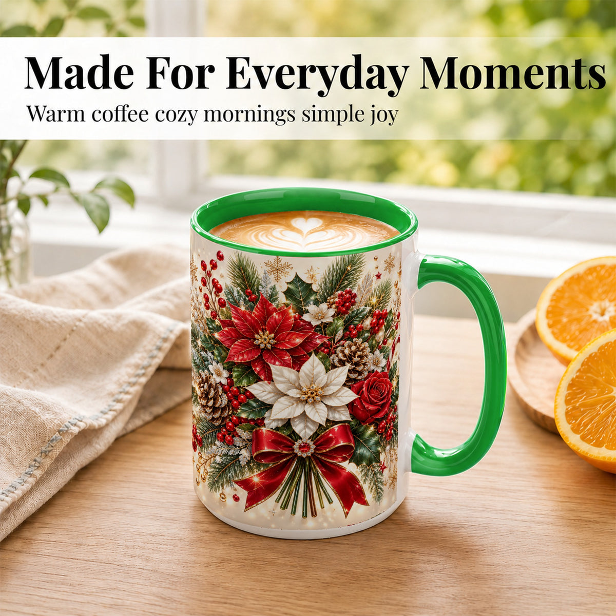 #pl[15oz|Green] Christmas Floral Coffee Mug, Red Poinsettia Mug, Ceramic Cup