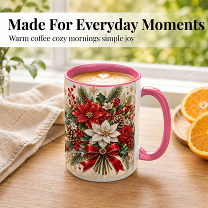 #pl[15oz|Pink] Christmas Floral Coffee Mug, Red Poinsettia Mug, Ceramic Cup