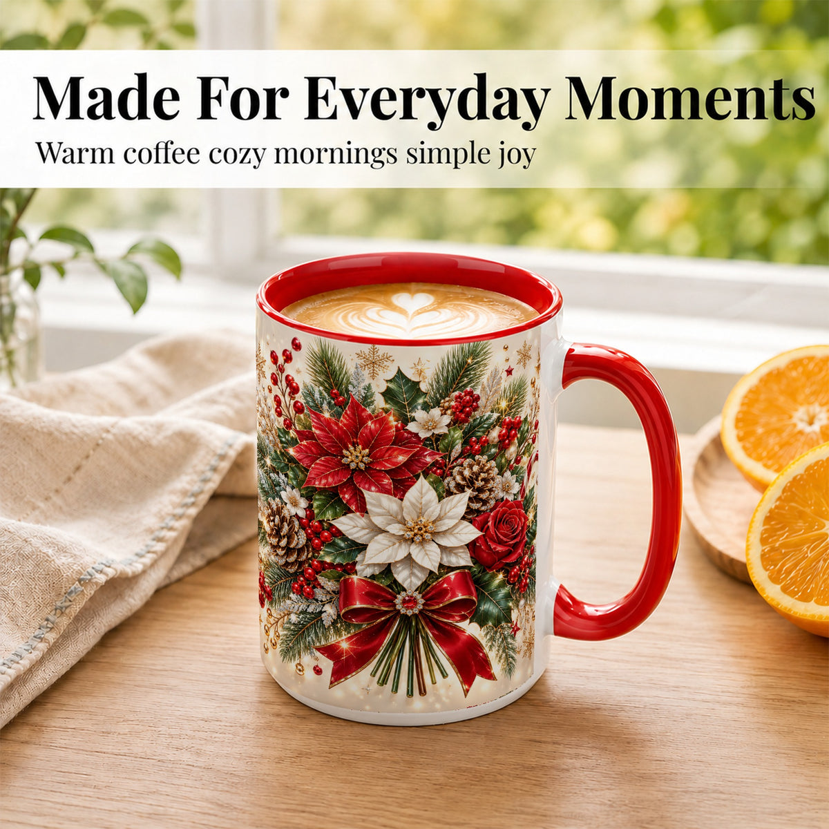 #pl[15oz|Red] Christmas Floral Coffee Mug, Red Poinsettia Mug, Ceramic Cup