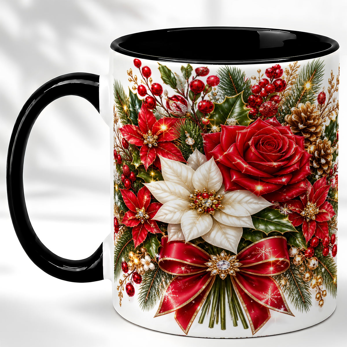 #pl[11oz|Black] Christmas Rose Coffee Mug, Red Poinsettia Mug, Ceramic Cup