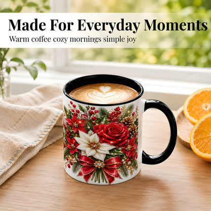 #pl[11oz|Black] Christmas Rose Coffee Mug, Red Poinsettia Mug, Ceramic Cup