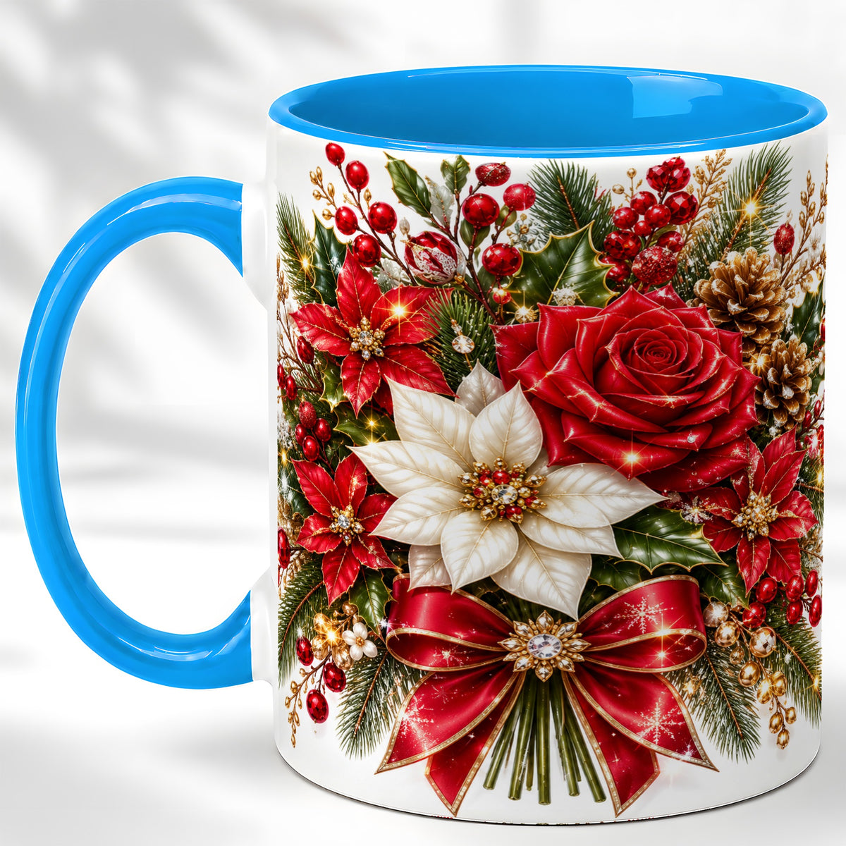 #pl[11oz|Blue] Christmas Rose Coffee Mug, Red Poinsettia Mug, Ceramic Cup