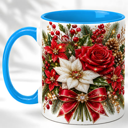 #pl[11oz|Blue] Christmas Rose Coffee Mug, Red Poinsettia Mug, Ceramic Cup