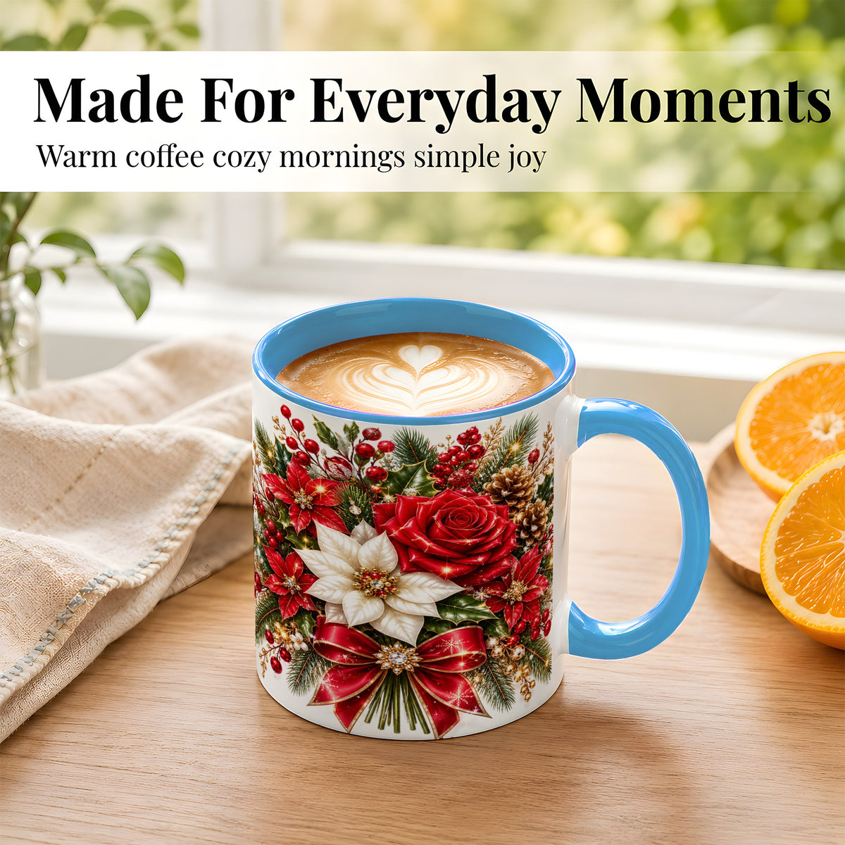 #pl[11oz|Blue] Christmas Rose Coffee Mug, Red Poinsettia Mug, Ceramic Cup