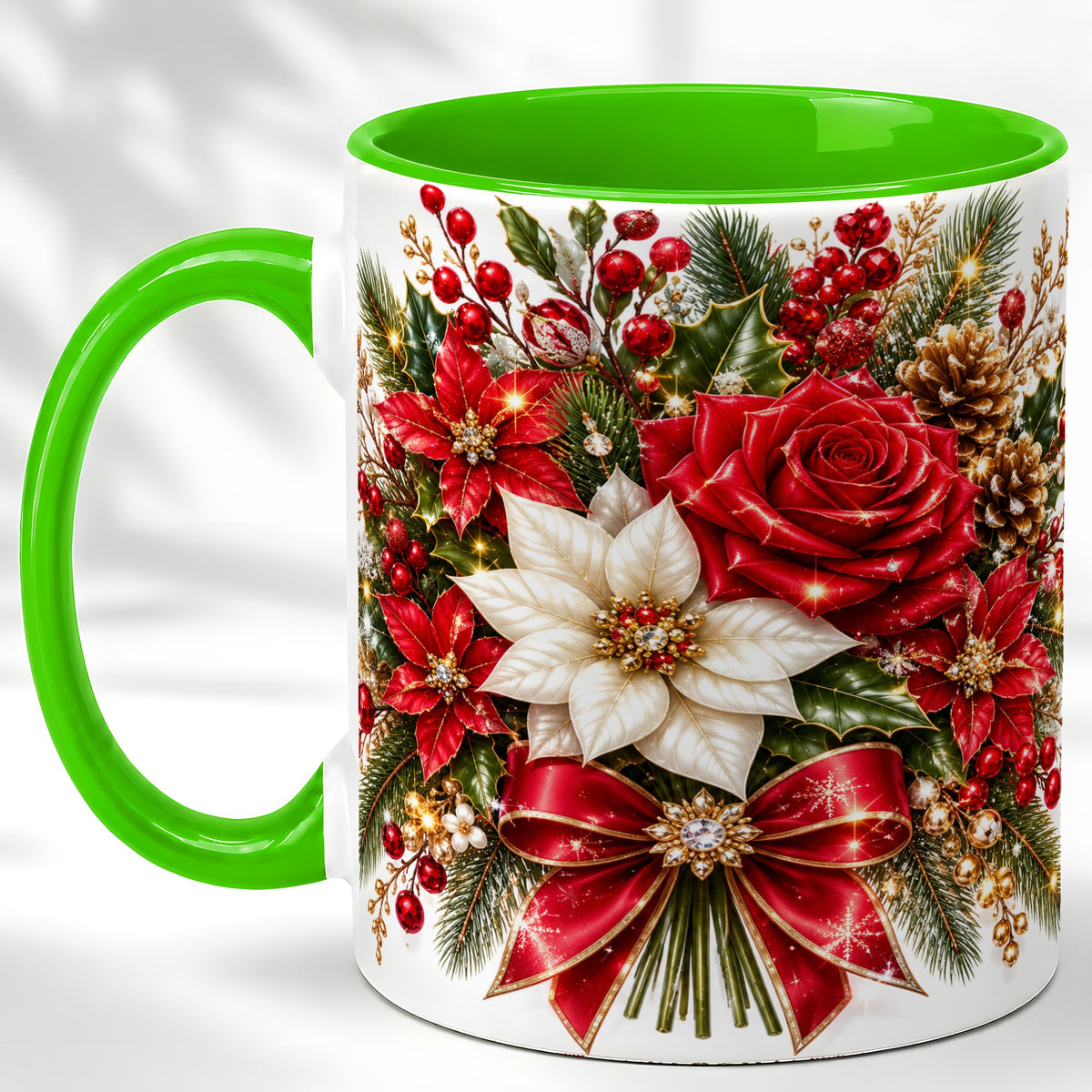 #pl[11oz|Green] Christmas Rose Coffee Mug, Red Poinsettia Mug, Ceramic Cup