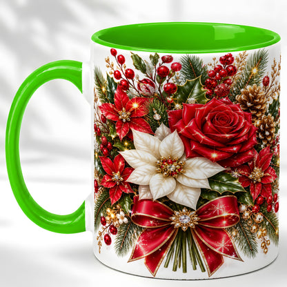 #pl[11oz|Green] Christmas Rose Coffee Mug, Red Poinsettia Mug, Ceramic Cup