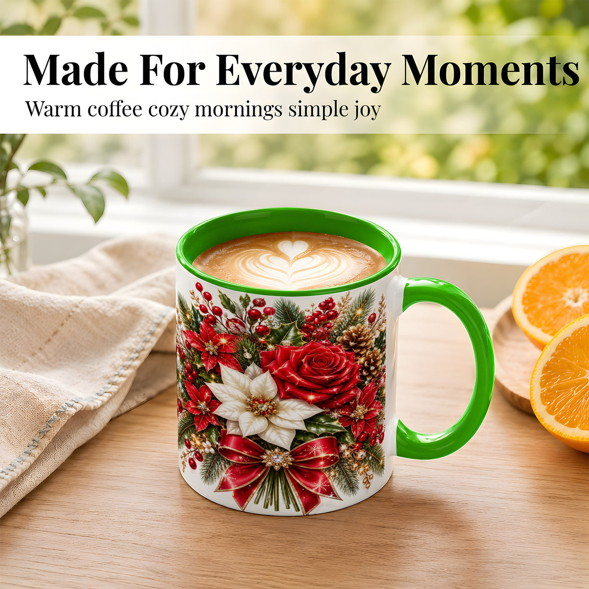 #pl[11oz|Green] Christmas Rose Coffee Mug, Red Poinsettia Mug, Ceramic Cup