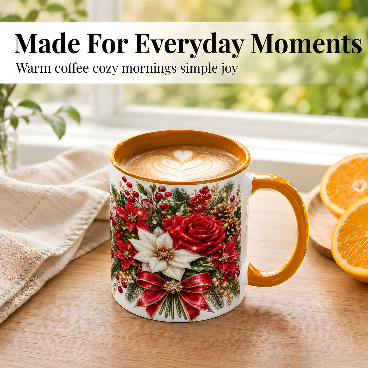 #pl[11oz|Orange] Christmas Rose Coffee Mug, Red Poinsettia Mug, Ceramic Cup