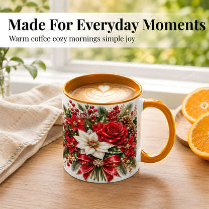 #pl[11oz|Orange] Christmas Rose Coffee Mug, Red Poinsettia Mug, Ceramic Cup